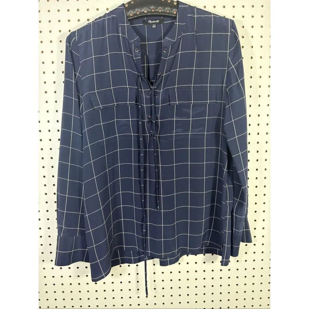 Madewell Silk Lace up Shirt Blouse Windowpane Plaid Navy White Size M